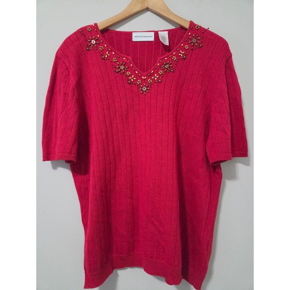 Alfred Dunner Womens Red Ribbed Knit Beaded Floral V-Neck Short Sleeve Sweater L - Picture 1 of 4